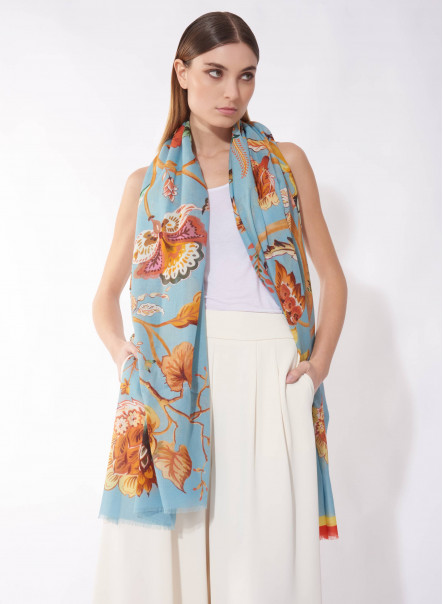 Maxi sky blue cotton scarf with tropical pattern