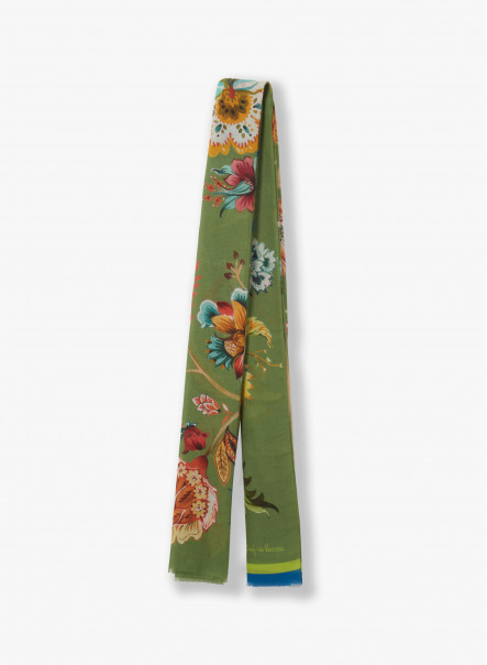 Maxi green cotton scarf with tropical pattern