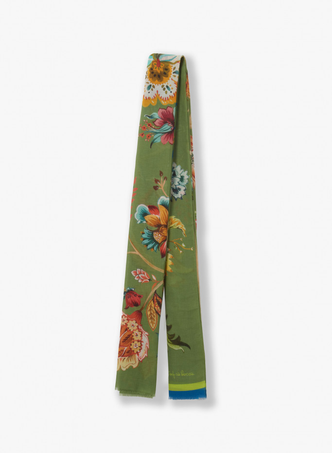 Maxi Schal aus Baumwolle mit grünen Blumendruck