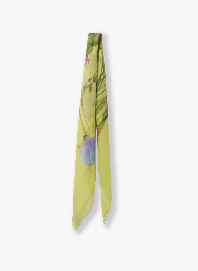 Green pure silk scarf with floral pattern