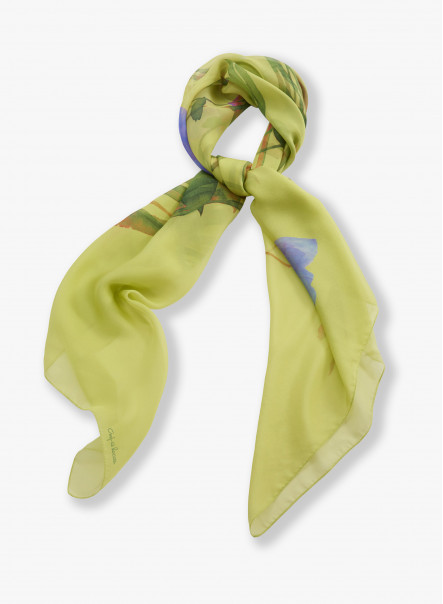 Green pure silk scarf with floral pattern