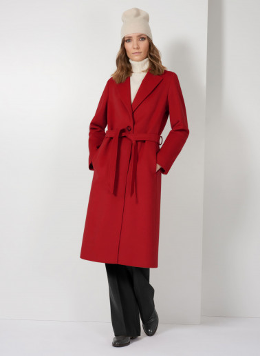 Belted fitted red pure wool coat
