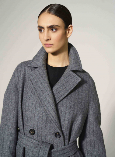 Maxi belted pinstripe wool grey coat