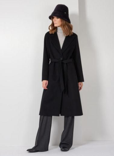 Belted fitted black pure wool coat