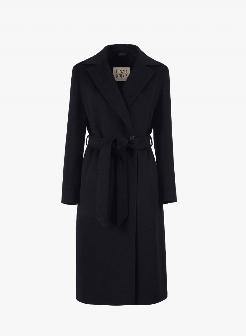 Belted black pure wool wrap coat | Cinzia Rocca