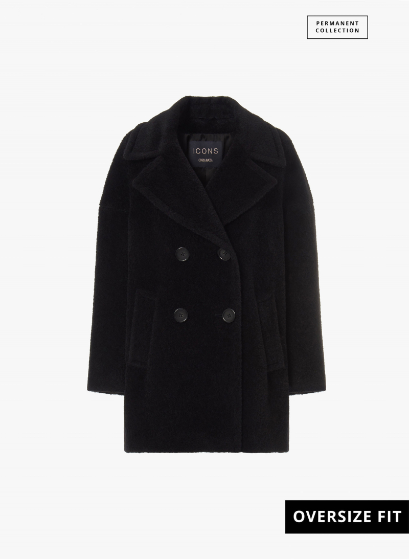 Zweireiher Oversized Kurzmantel aus Wolle und Alpaka in Schwarz