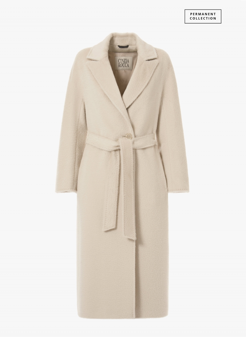 Maxi cappotto beige a vestaglia con cintura in alpaca e lana