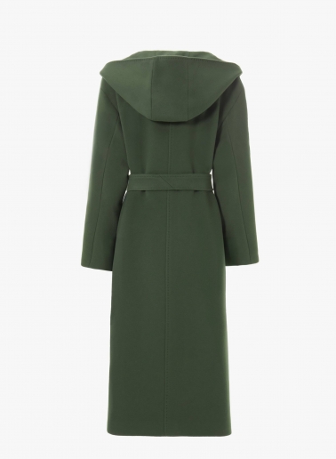 Maxi belted green wool and cashmere coat with hood