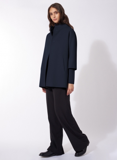 Short oversized blue pure wool coat with knitted details