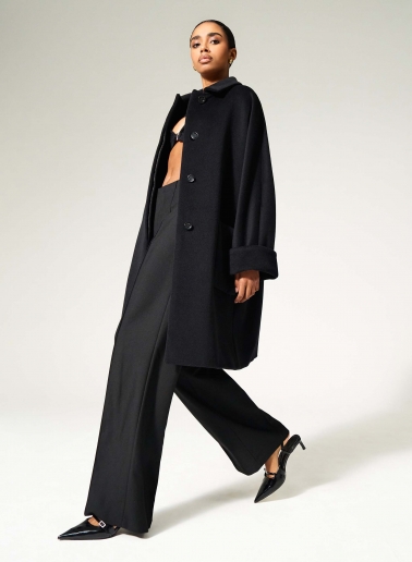 Oversized black pure wool coat with shirt collar