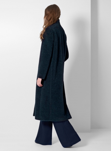 Maxi marine blue wool and alpaca coat with inverted notch collar