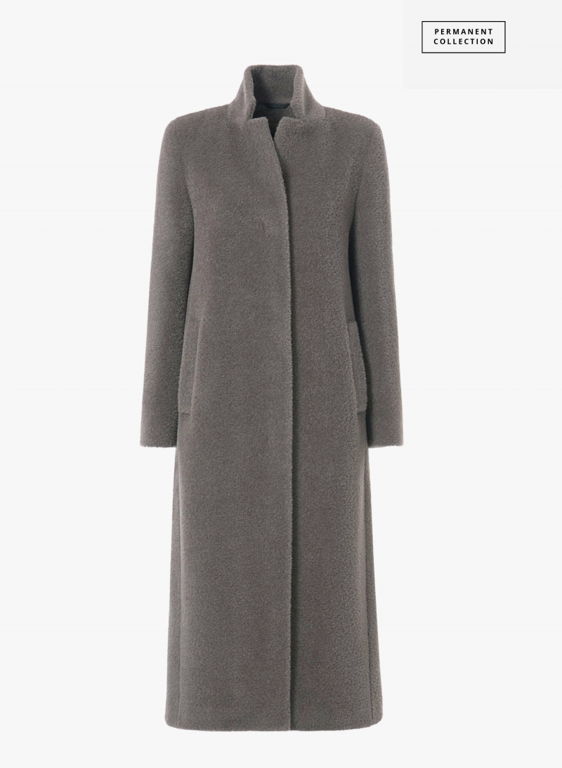 Maxi cappotto taupe scuro in lana e alpaca con collo a rever rovesciato