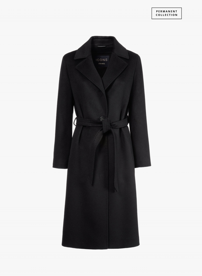 Belted fitted black pure wool coat