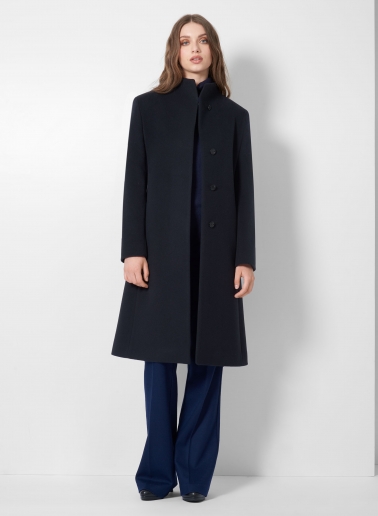 Blue wool and cashmere coat with high stand up collar