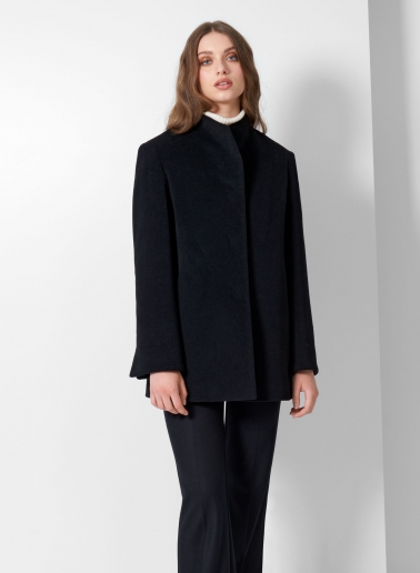 Short black wool and cashmere coat with high stand up collar
