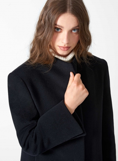 Short black wool and cashmere coat with high stand up collar