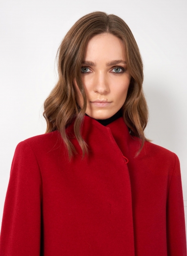 Short red wool and cashmere coat with high stand up collar