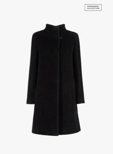 Flared black wool and alpaca coat with high stand collar