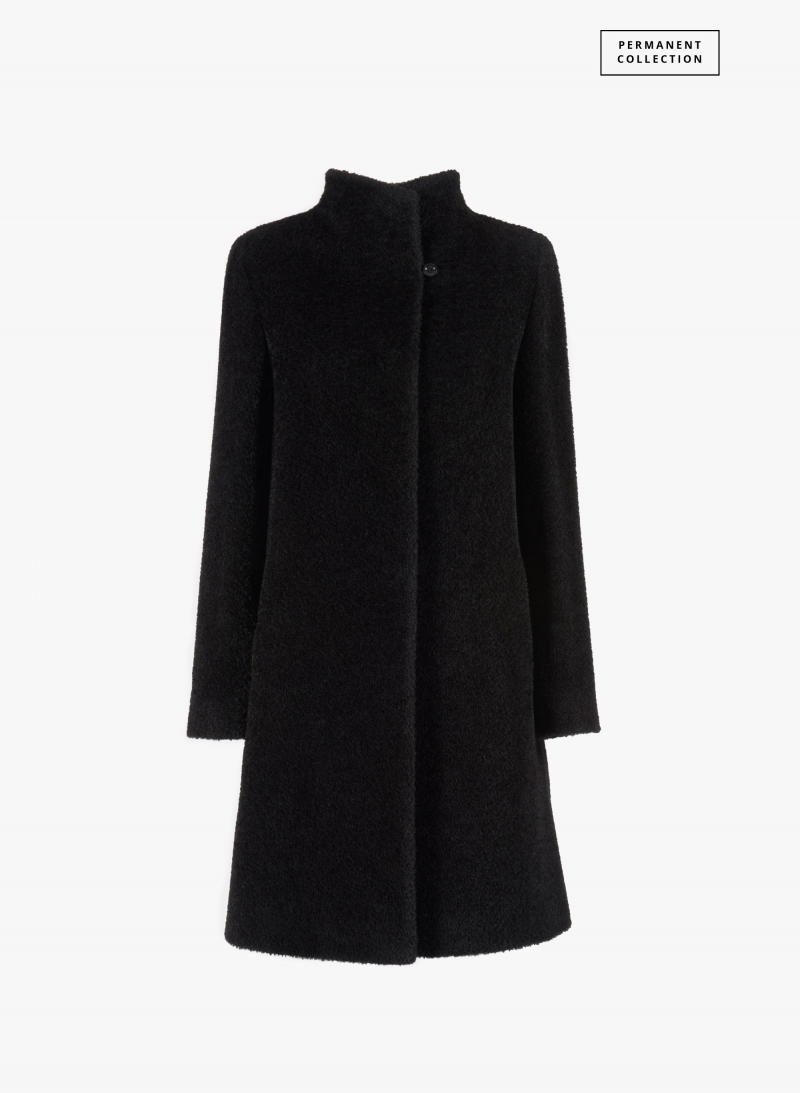 Flared black wool and alpaca coat with high stand collar
