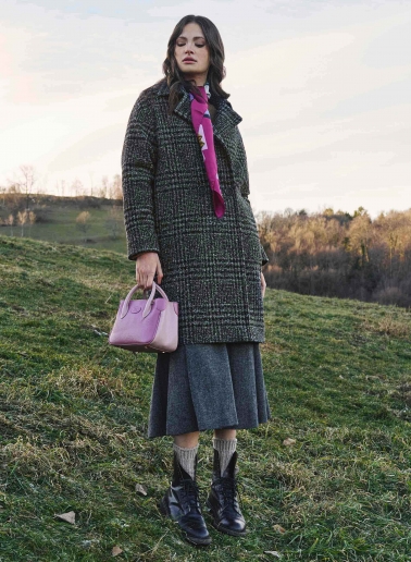 Double breasted checked coat with notch collar