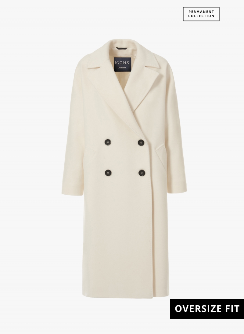 Oversized double breasted white pure wool coat
