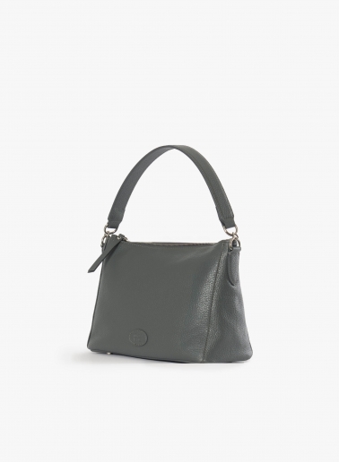 Large grey genuine leather shoulder bag with gusset and logo