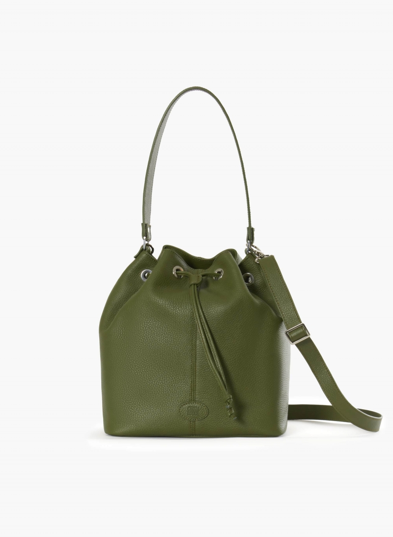 Military green genuine leather bucket bag with gusset and logo