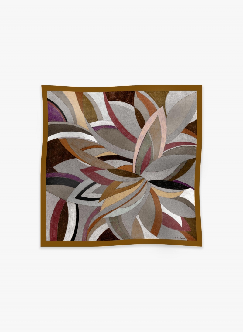 Maxi tobacco color wool and silk scarf with stylized pattern