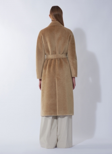 Maxi cappotto cammello a vestaglia con cintura in alpaca e lana