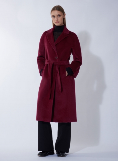 Maxi cappotto bordeaux a vestaglia con cintura in alpaca e lana