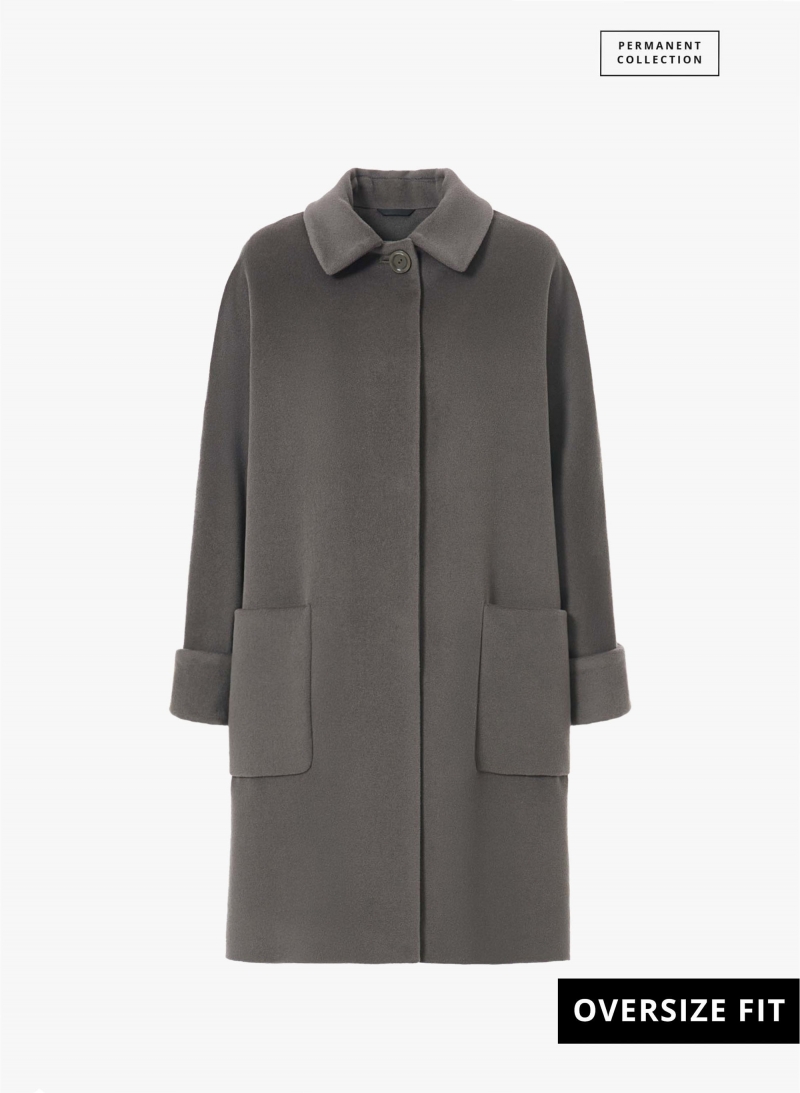 Oversized dark taupe pure wool coat with shirt collar