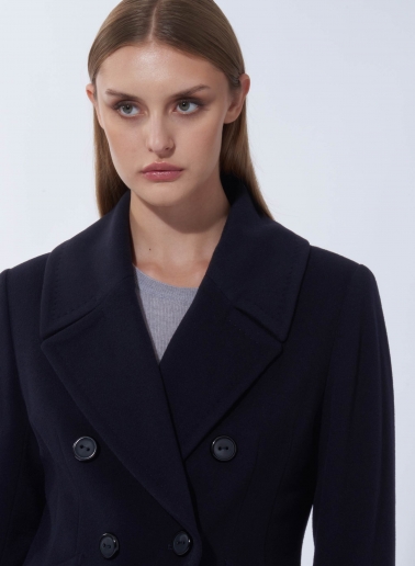 Maxi cappotto redingote blu doppio petto in pura lana