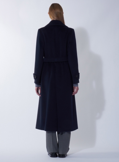 Maxi trench blu in pura lana con cintura