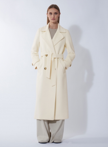 Maxi trench bianco in pura lana con cintura