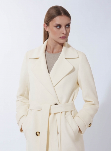 Maxi trench bianco in pura lana con cintura