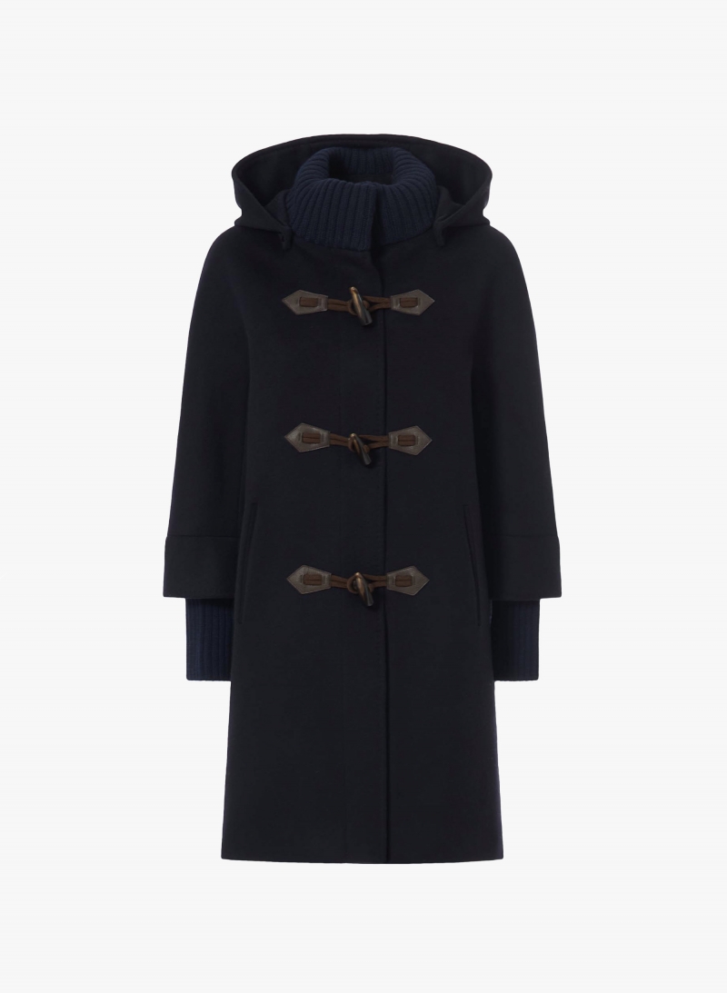 Blue pure wool parka with hood and buckles