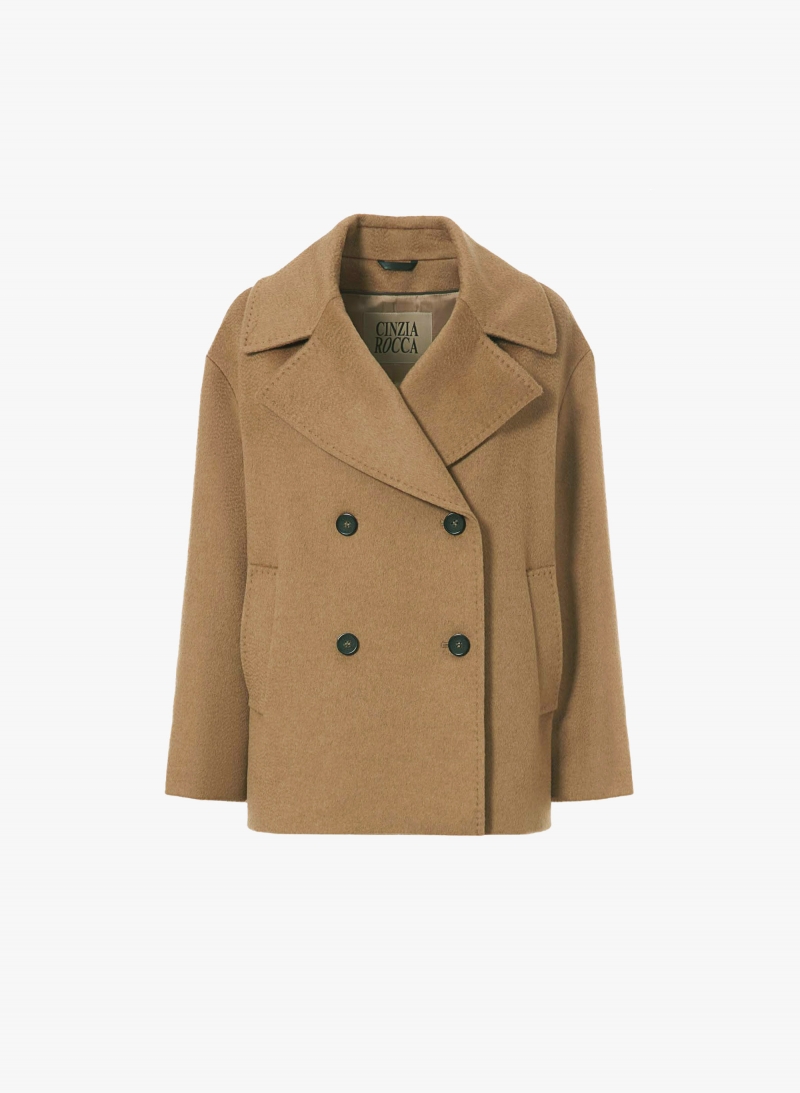 Cappotto corto cammello doppio petto con maxi rever in pura lana di cammello
