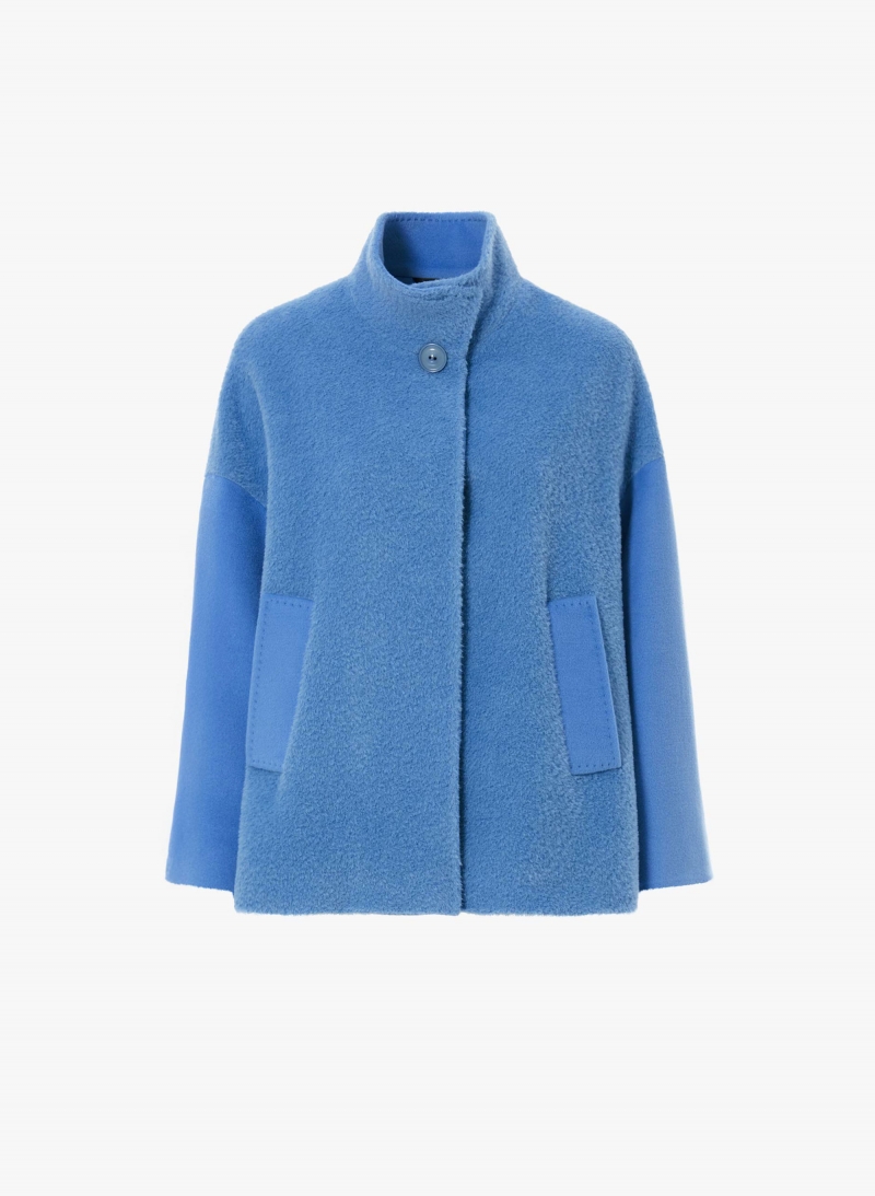 Short light blue wool and alpaca coat with contrasting fabric texture