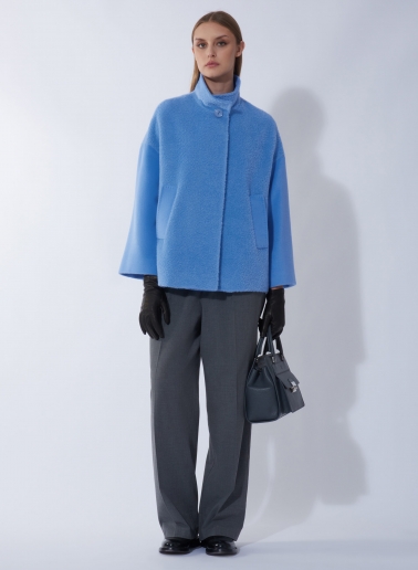 Short light blue wool and alpaca coat with contrasting fabric texture