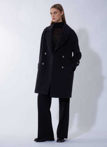 Black double breasted wool and cashmere coat with metal buttons with logo