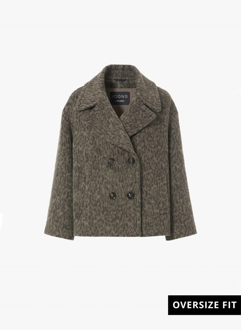 Cappotto corto doppio petto oversize taupe scuro con fantasia animalier
