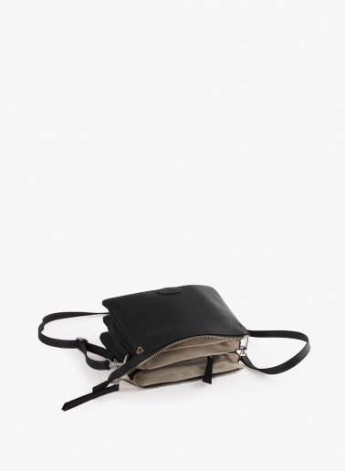 Black genuine leather crossbody bag with three compartments