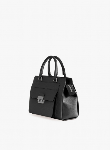 Borsa rigida in pelle nera con chiusura in metallo