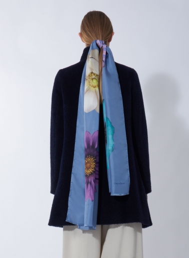 Light blue pure silk twill scarf with floral pattern