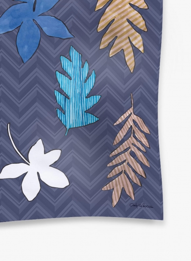 Sciarpa in lana con disegno geometrico e foglie blu