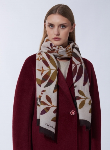 Sciarpa in lana con foglie stilizzate beige