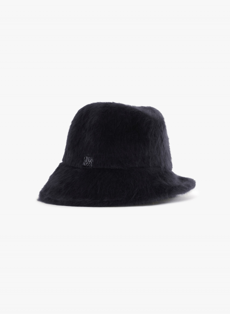 Cappello asimmetrico blu in lana effetto pelliccia