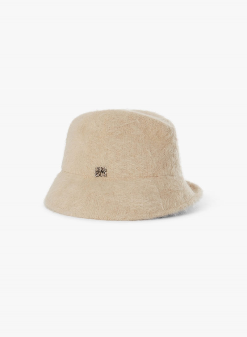 Cappello asimmetrico beige in lana effetto pelliccia