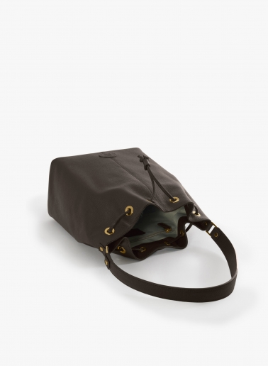 Brown genuine leather bucket bag with gusset and logo