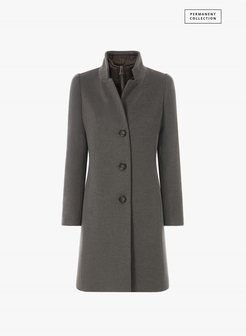Dark taupe pure wool coat with detachable nylon bib
